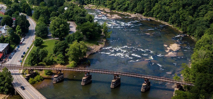 An overhead view of Ohiopyle, PA and the Youghiogheny River.