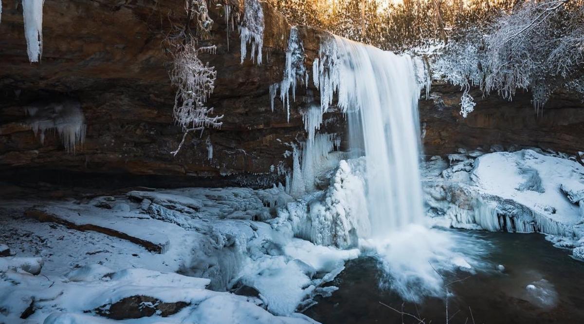 Cucumber Falls frozen in the middle of winter