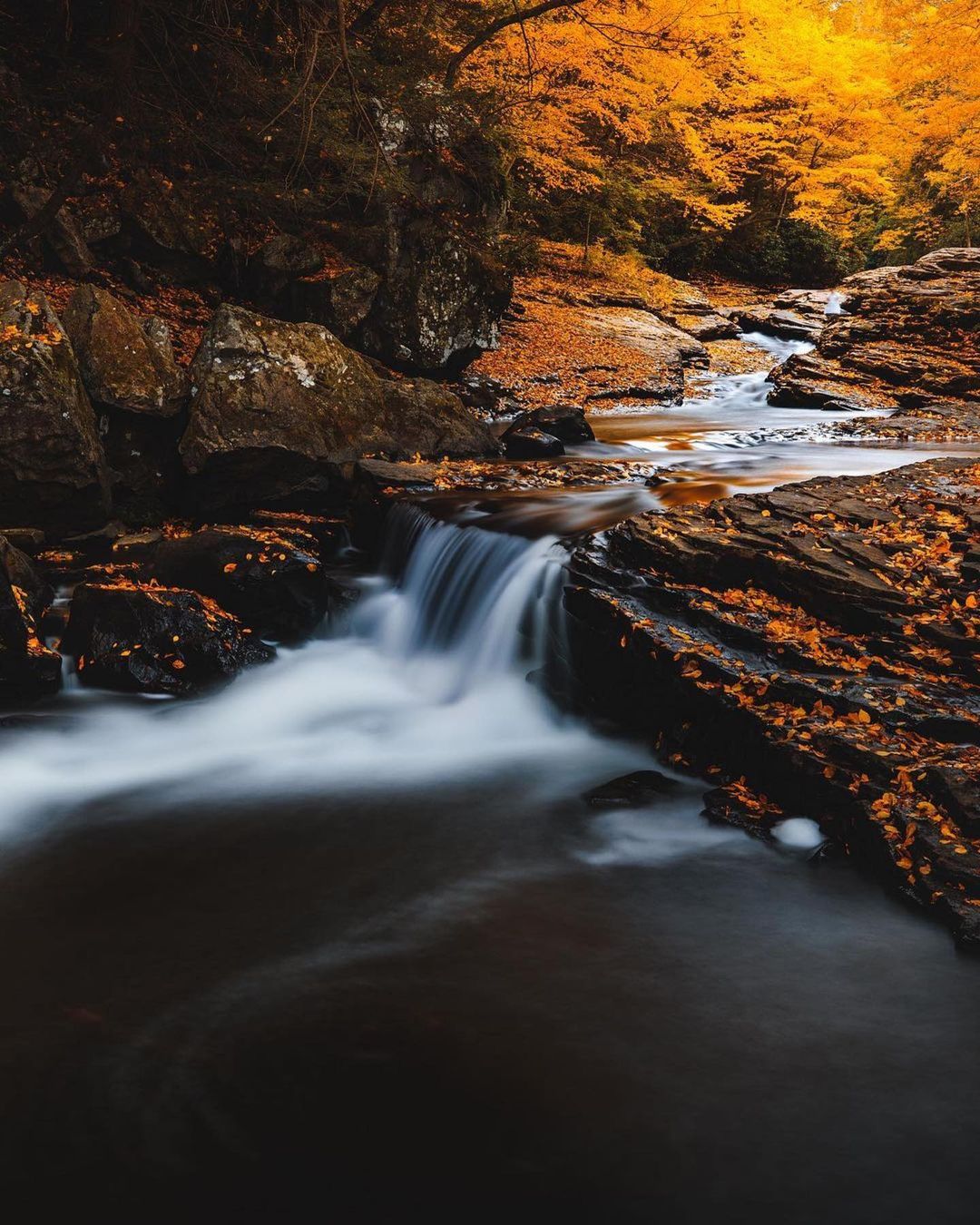 A long exposure of the meadow run natural water slides during fall