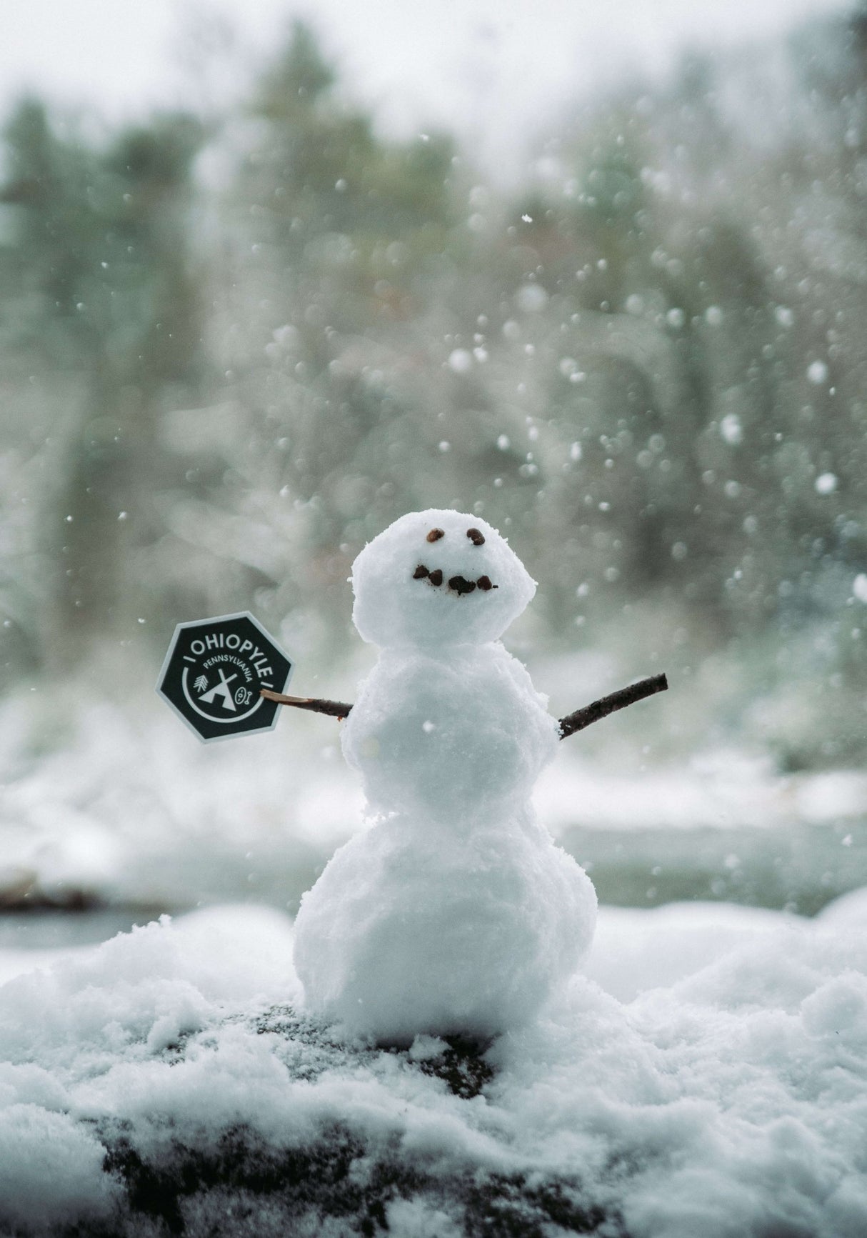 Ohiopyle State Park sticker being held by a snowman